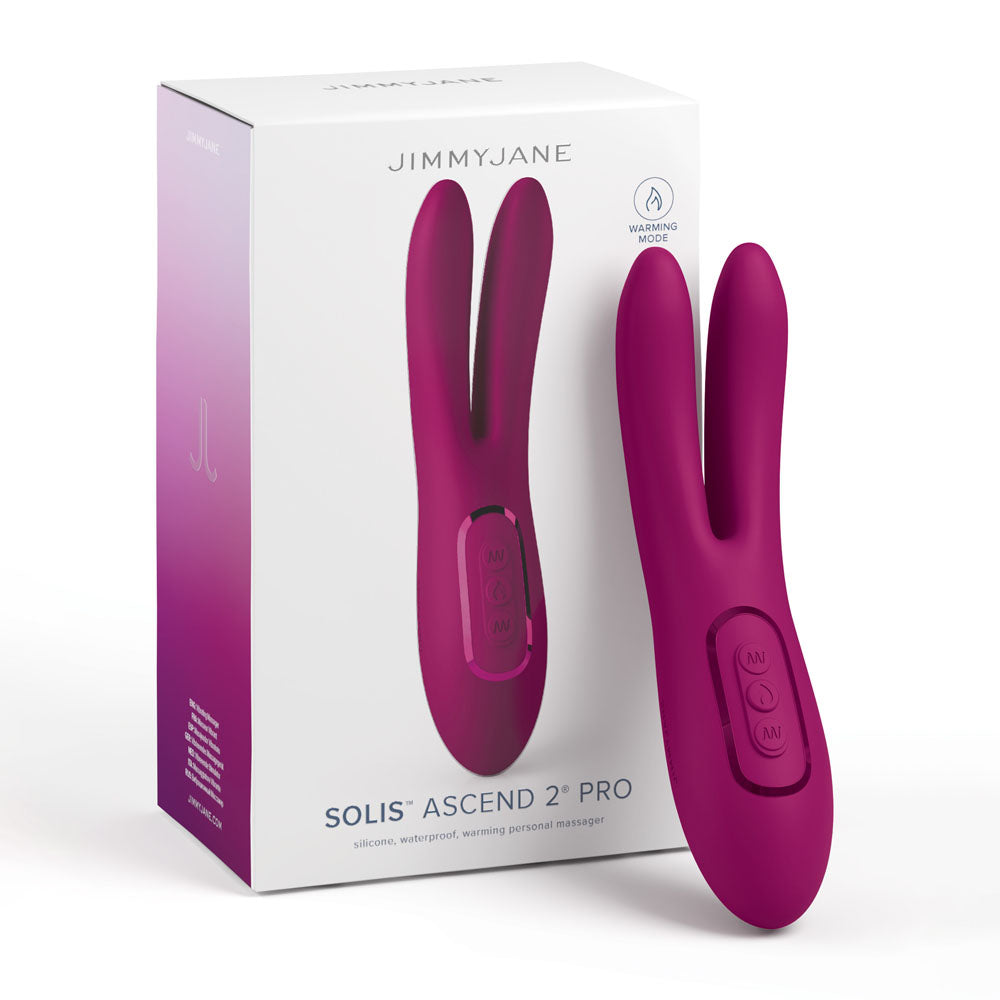 JimmyJane Solis Ascend 2 PRO - 16 cm USB Rechargeable Dual Tip Stimulator in pink packaging with control buttons.