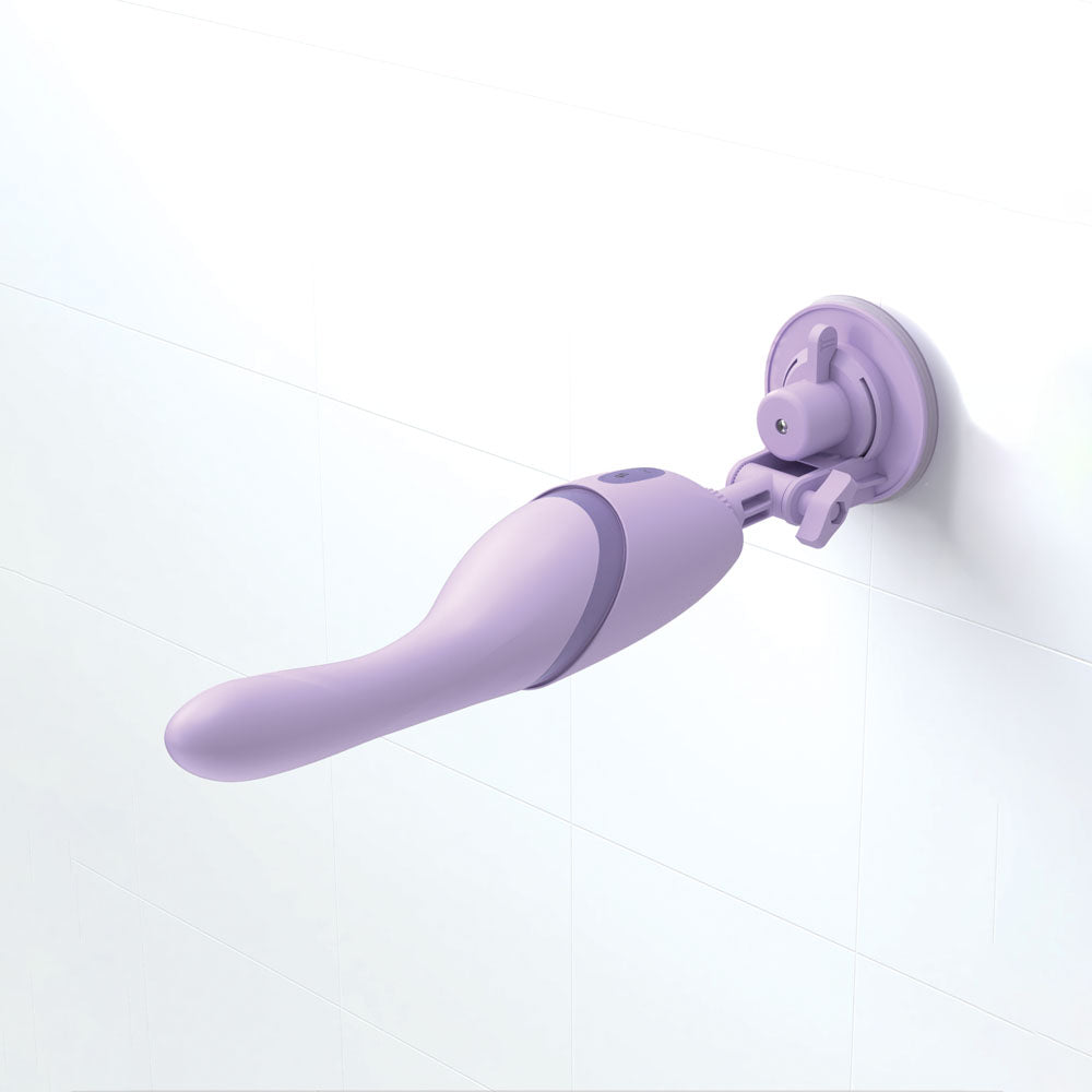 JimmyJane Hello Bang - 27 cm USB Rechargeable Warming & Thrusting Vibrator mounted on wall.