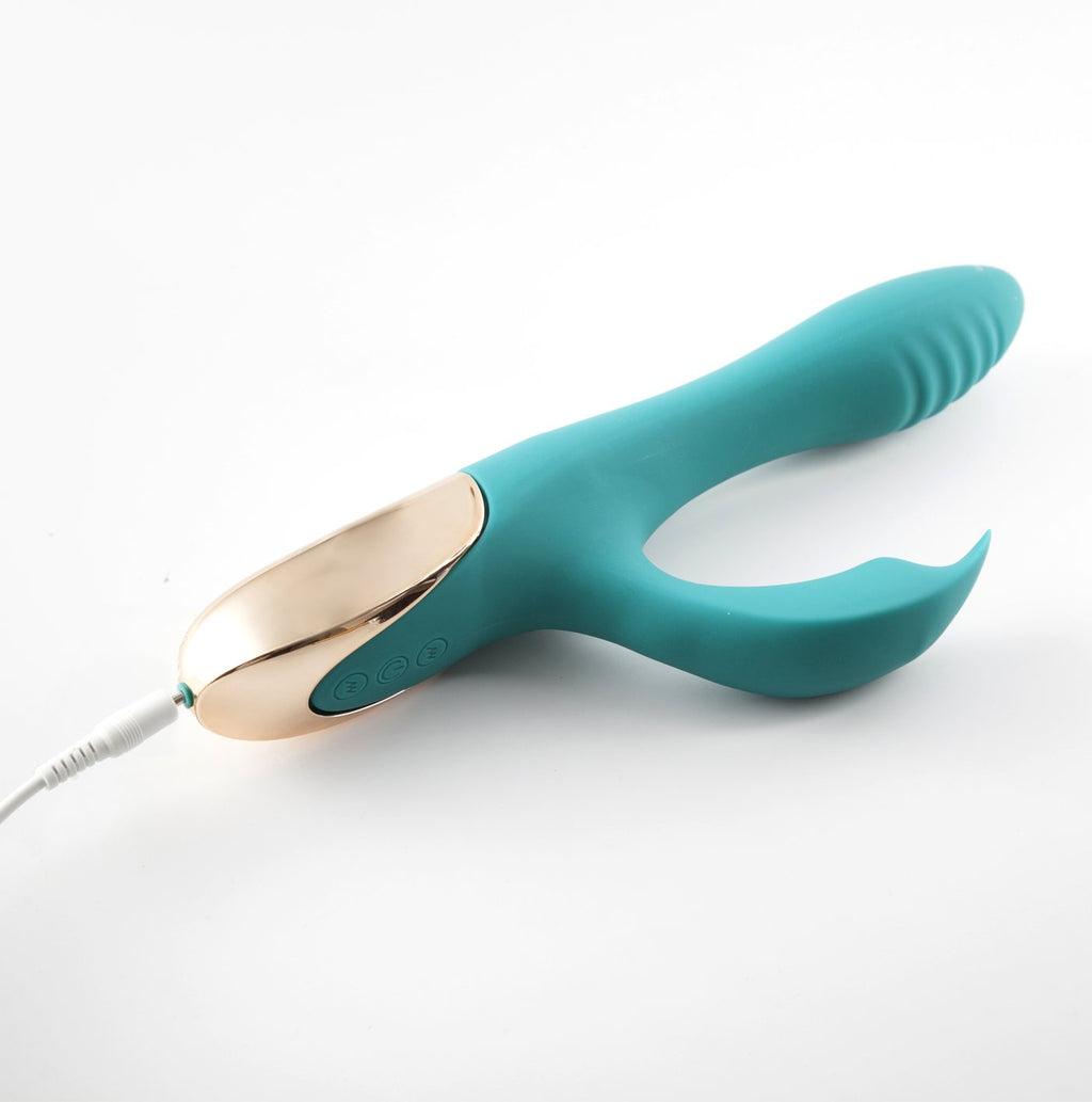 Maia Skyler - 21.6 cm USB Rechargeable Bendable Rabbit Vibrator in teal with gold accents and USB charging cable.