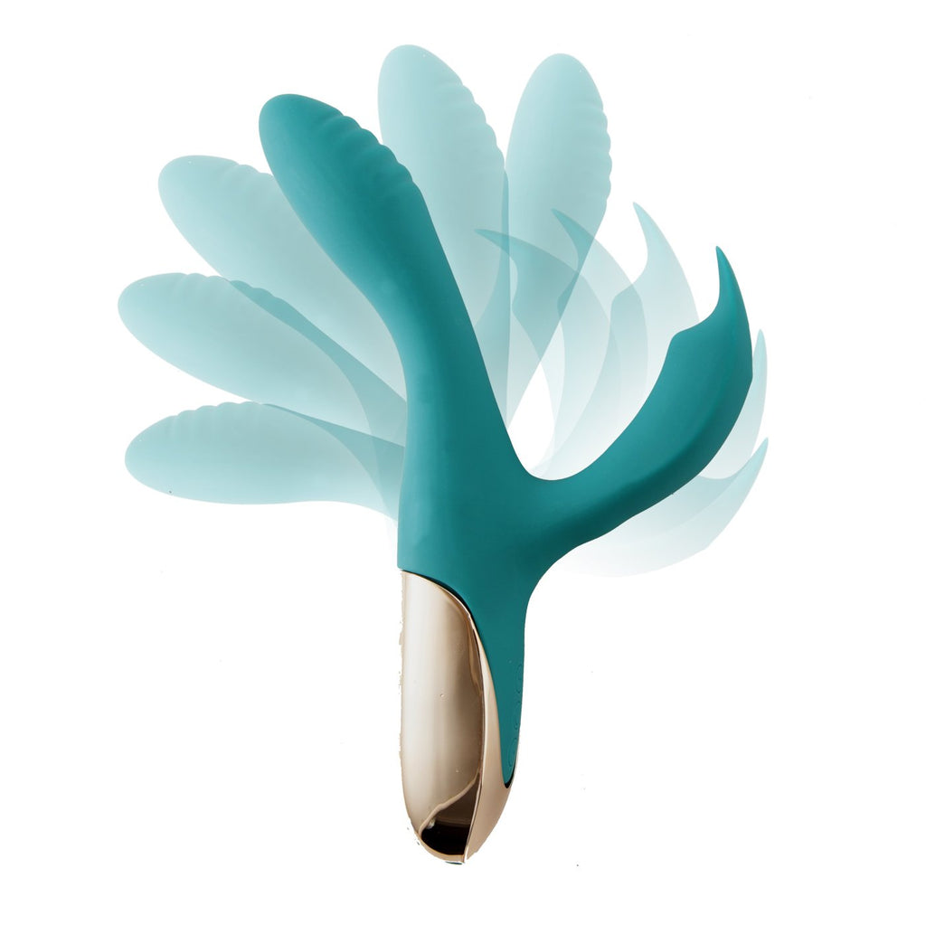 Maia Skyler - 21.6 cm USB Rechargeable Bendable Rabbit Vibrator in teal, showcasing its flexible design for targeted stimulation.