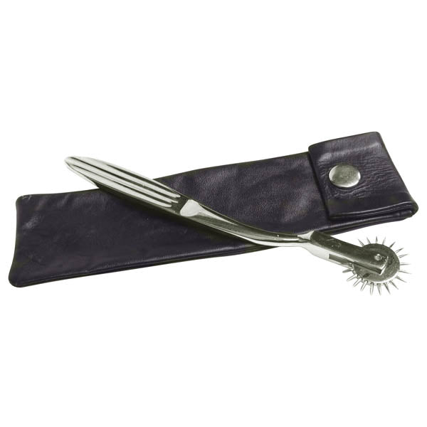 Kinklab Wartenberg Pinwheel - Metal Bondage Accessory with leather sheath, ideal for sensory play.