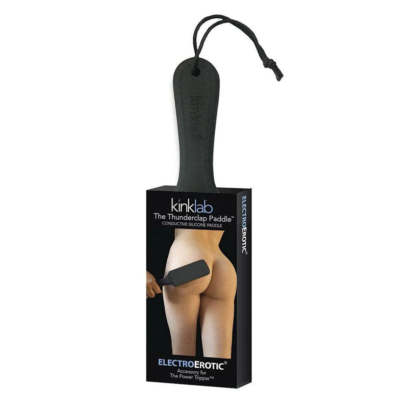 KinkLab The Thunderclap Paddle - E-Stim Accessory for Kinklab Power Tripper packaging with black paddle.