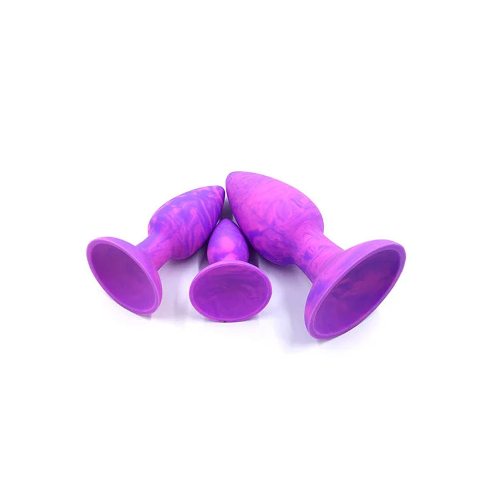 Adam & Eve COLOUR SWIRL Anal Plug Set - /Pink Butt Plugs - Set of 3 Sizes in vibrant purple hues.