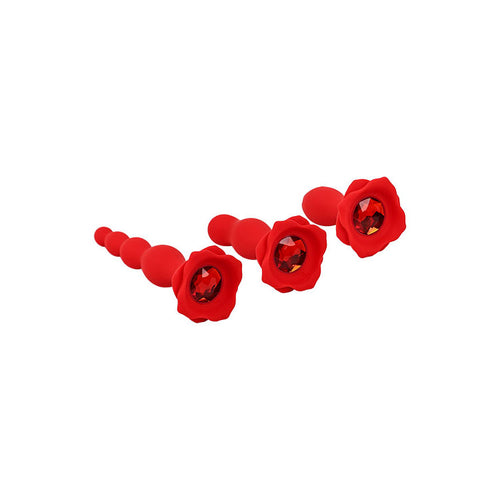 Adam & Eve BOOTY BOUQUET -  Anal Training Kit - Set of 3 Sizes featuring elegant red rose-adorned plugs.