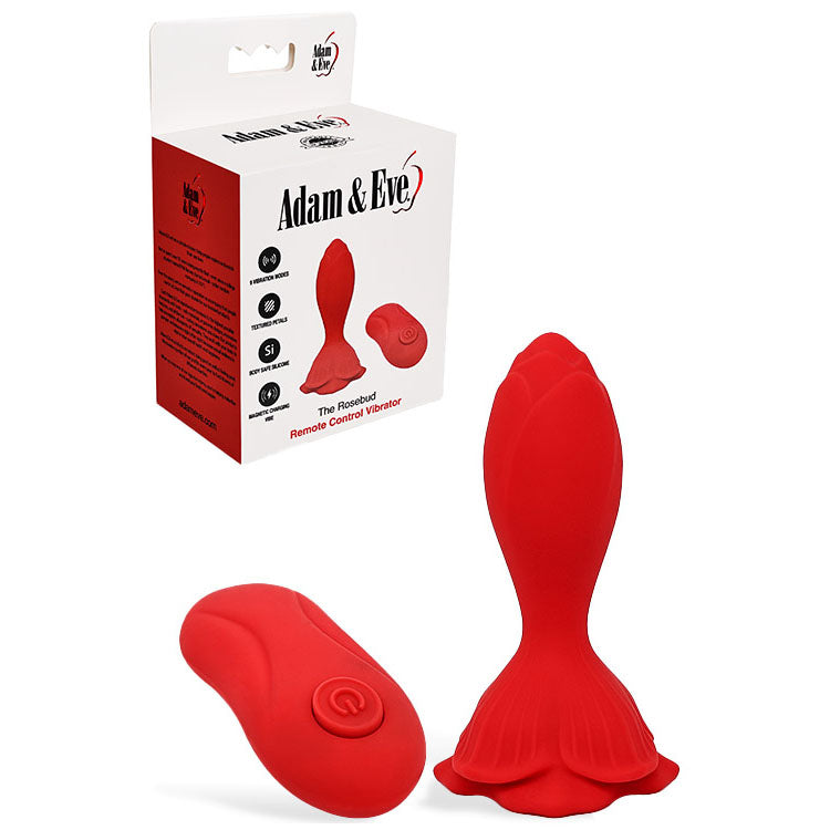 Adam & Eve THE ROSEBUD - 10.2 cm USB Rechargeable Vibrating Butt Plug with Remote next to its packaging.