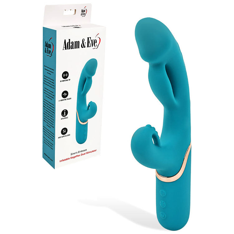 Adam & Eve SIRENS EMBRACE - Teal 24 cm USB Rechargeable Inflatable Rabbit Vibrator with packaging.