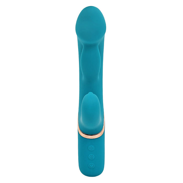 Adam & Eve SIRENS EMBRACE - Teal 24 cm USB Rechargeable Inflatable Rabbit Vibrator on display.
