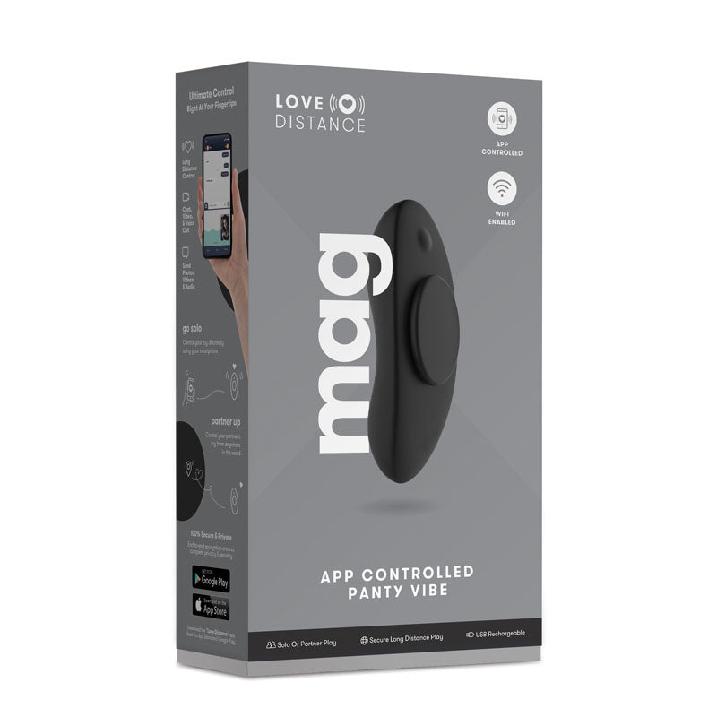Love Distance MAG -  Rechargeable Panty Vibrator with App Control packaging featuring discreet design and smartphone control.