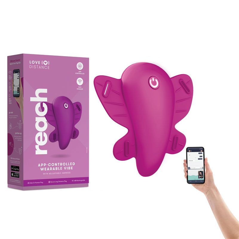 Love Distance REACH - Rose Rechargeable Strap-On Stimulator with App Control, featuring a butterfly-shaped vibe with app control.