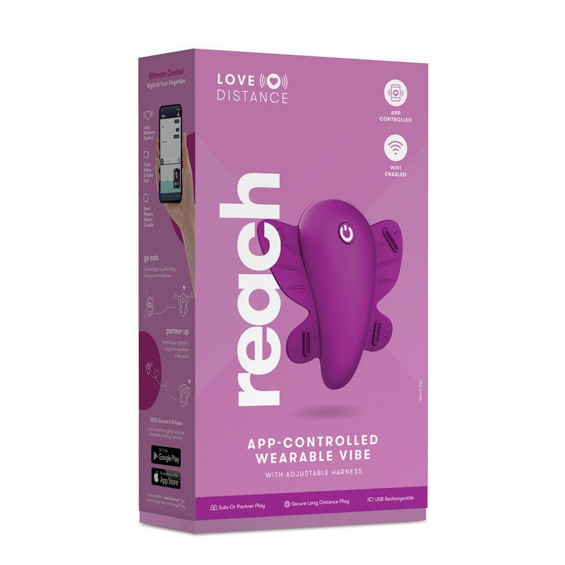 Love Distance REACH - Rose Rechargeable Strap-On Stimulator with App Control product packaging.