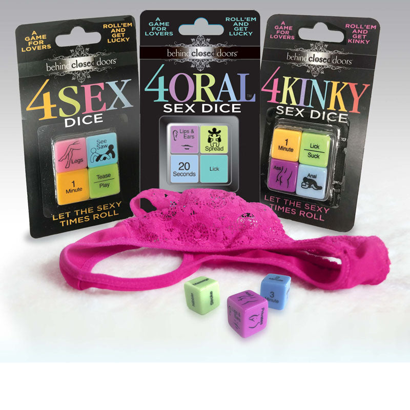 Behind Closed Doors 4 Kinky Sex Dice Game with dice and accessories for couples' fun and foreplay.