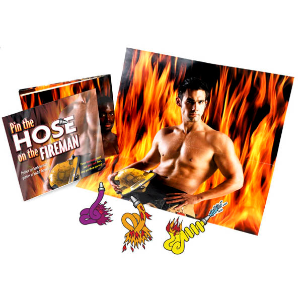 Pin The Hose On The Fireman - Hens Party Game featuring sexy fireman poster and game accessories.