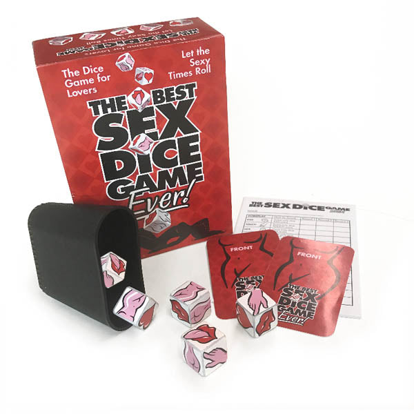 Image of The Best Sex Dice Game Ever! with dice and cards for playing a couples sex dice game.