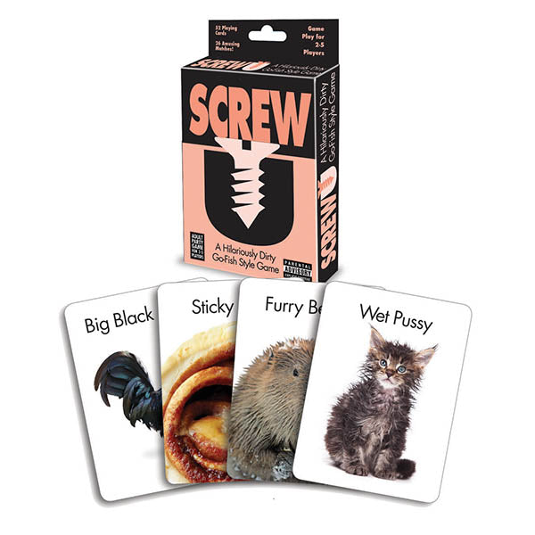 Screw U - Party Card Game box with cards featuring humorous images for adult gameplay.