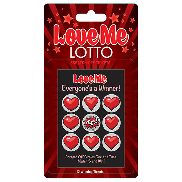 Love Me Lotto - Naughty Scratcher featuring scratch-off tickets with red hearts and winning text.