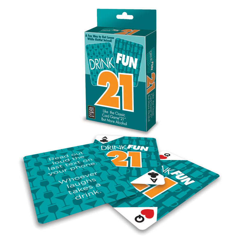 Drink Fun 21 - Adult Drinking Party Game with cards and box, designed for fun drinking activities and trivia.