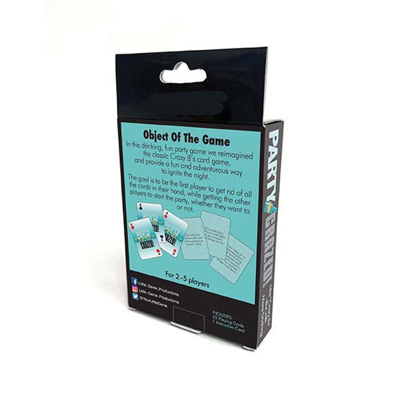 Party Crazed - Drinking Card Game packaging featuring game details and player instructions.