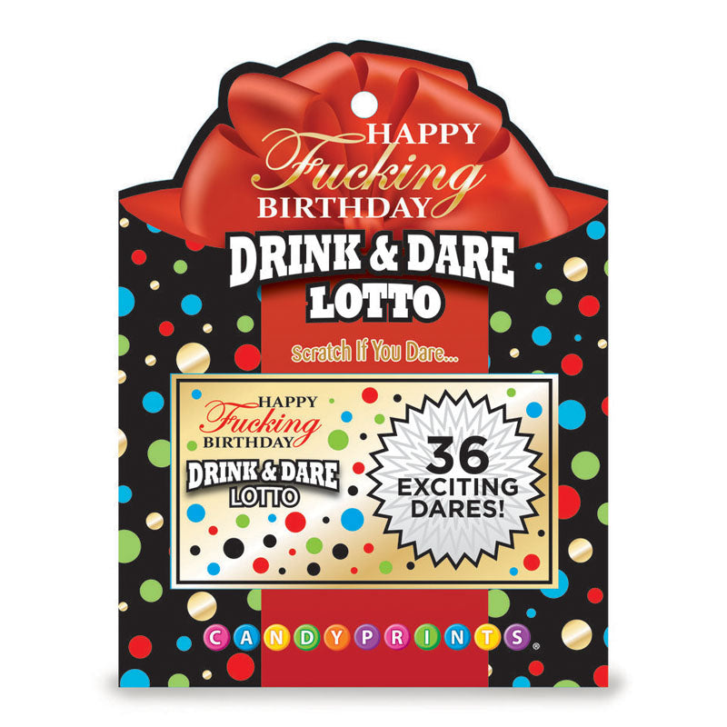 Happy Fucking Birthday Lotto - Party Lotto Game with colorful polka dots and a big red bow, featuring 36 dares.