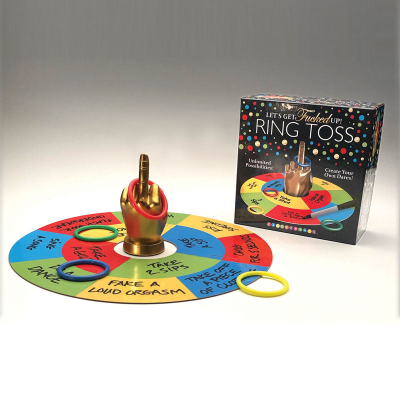 Lets Get Fucked Up Ring Toss - Adult Party Game with colorful rings and a gold finger centerpiece for fun challenges.
