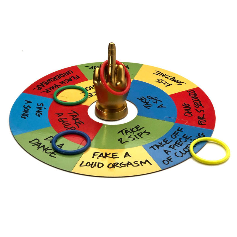Lets Get Fucked Up Ring Toss - Adult Party Game with colorful spinner and challenge options.