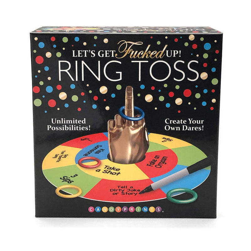 Lets Get Fucked Up Ring Toss - Adult Party Game box featuring a gold finger and colorful dare wheel.