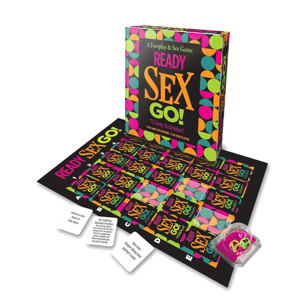 Ready Sex GO! - Action Packed Sex Game displayed with colorful packaging and dice for exciting intimate activities.