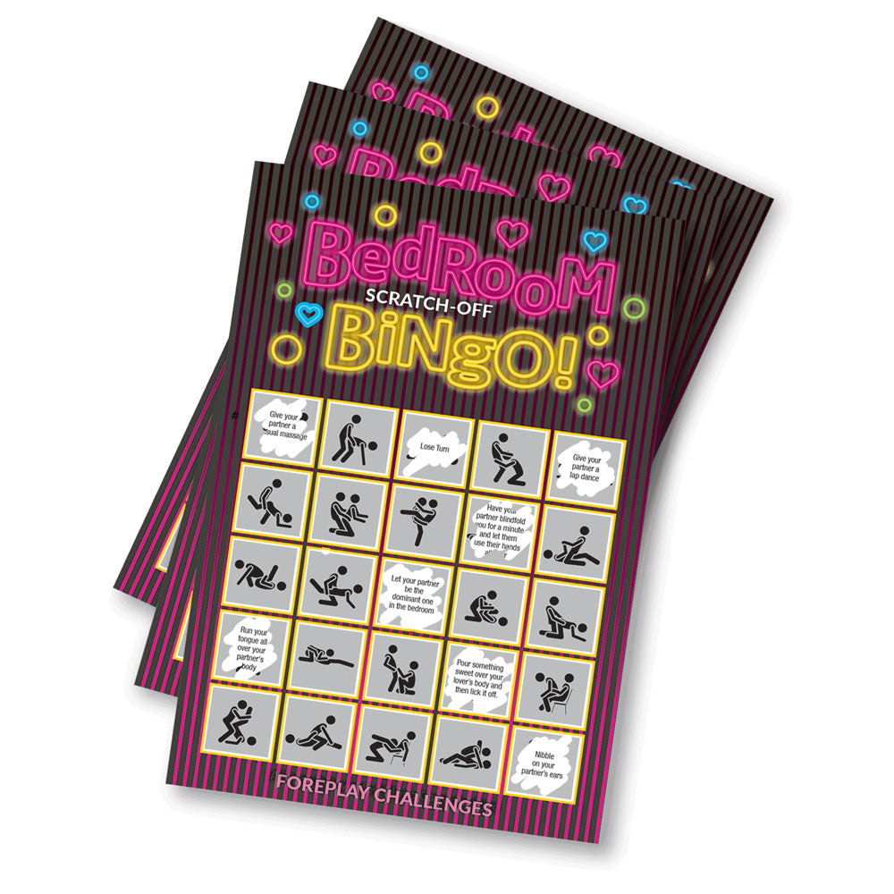 Bedroom Bingo - Foreplay Scratcher Card with colorful design and challenge squares for couples' intimate activities.