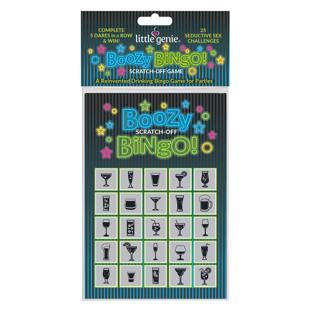 Boozy Bingo - Drinking Scratcher Card packaging showing fun bingo game for drinking challenges and intimacy.