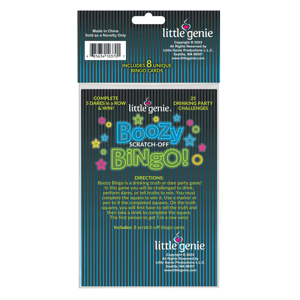 Boozy Bingo - Drinking Scratcher Card packaging featuring unique bingo cards and drinking challenges for party fun.