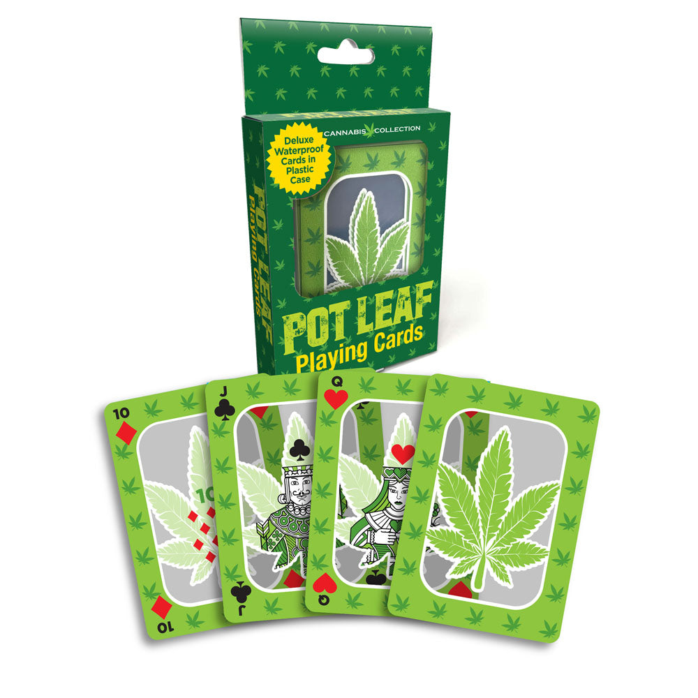 Pot Leaf Playing Cards - Waterproof Novelty Playing Cards with cannabis leaf design and protective case.