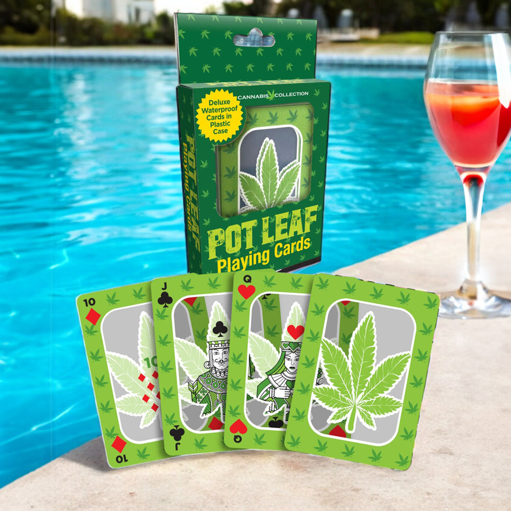 Pot Leaf Playing Cards - Waterproof Novelty Playing Cards by the pool with a drink.