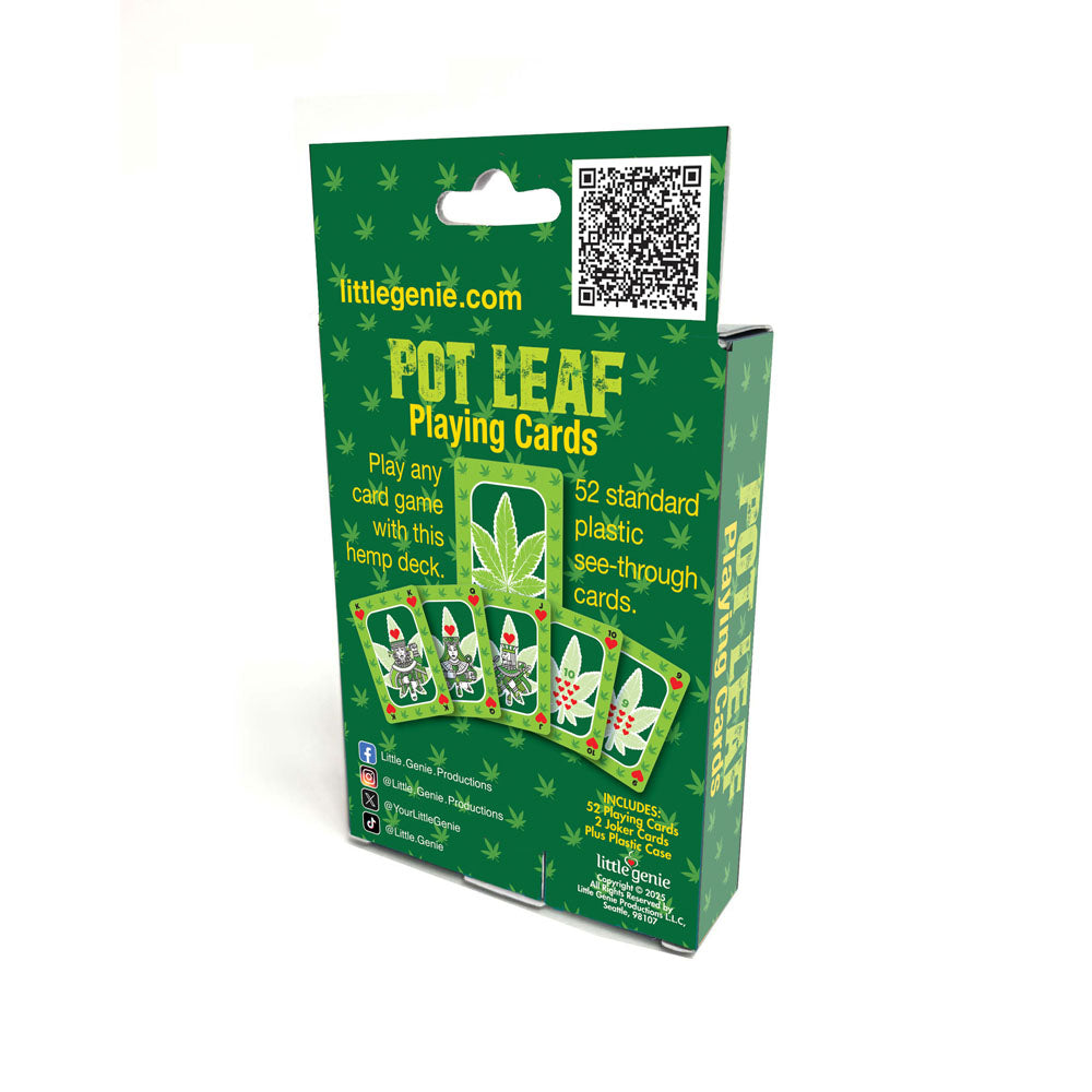 Pot Leaf Playing Cards - Waterproof Novelty Playing Cards packaging showcasing 52 design cards with weed leaf pattern.