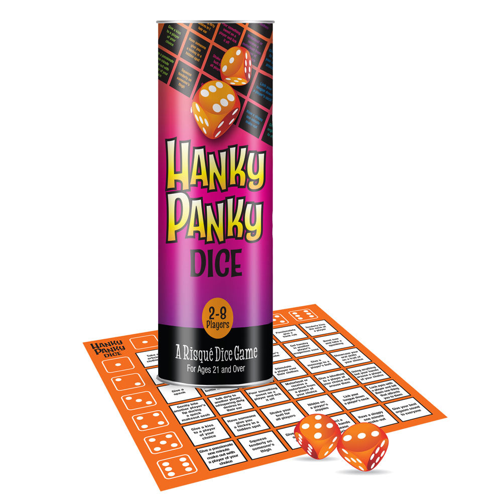 Hanky Panky Dice - Couples Dice Game packaging with game components, perfect for adult game nights.