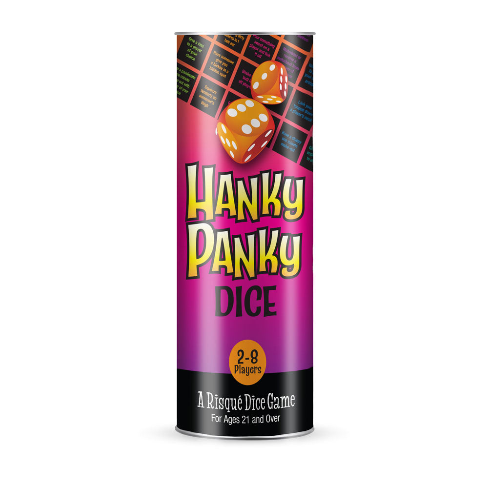 Hanky Panky Dice - Couples Dice Game packaging featuring playful graphics and dice, designed for adults.