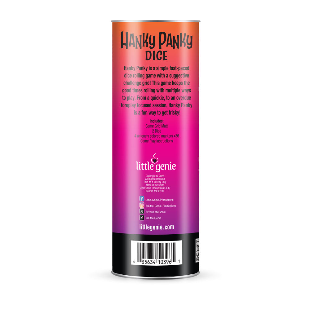 Hanky Panky Dice - Couples Dice Game packaging with description of its fun and intimate gameplay.