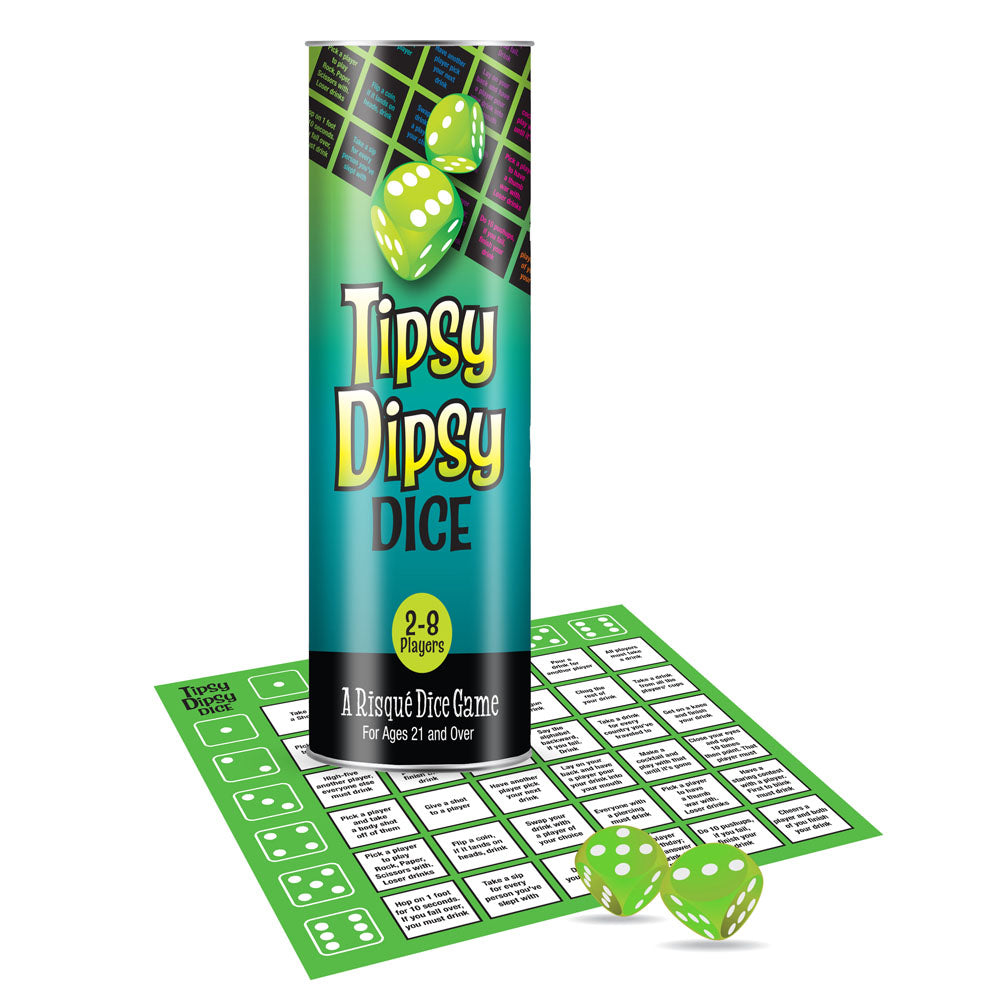 Tipsy Dipsy Dice - Drinking Game for Parties with dice and challenge grid, perfect for 2-8 players aged 21 and over.
