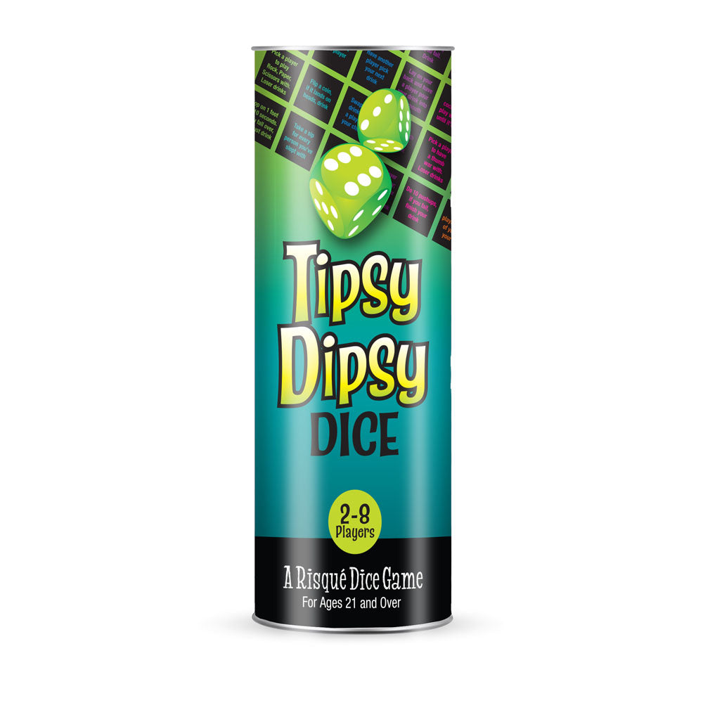 Tipsy Dipsy Dice - Drinking Game for Parties in colorful packaging with dice, for ages 21 and over, perfect for parties.