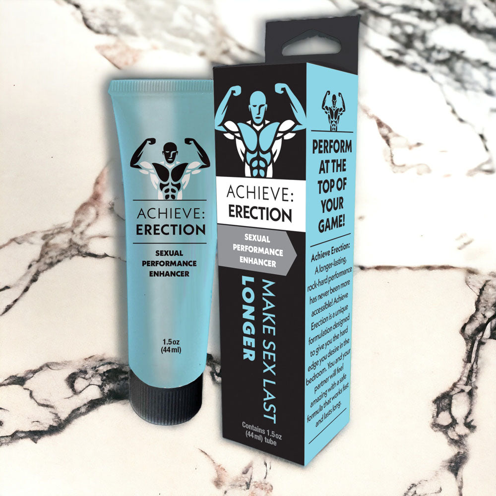 Achieve: Erection - Sexual Performance Enhancer for Men - 44 ml Tube displayed with packaging on marble background.