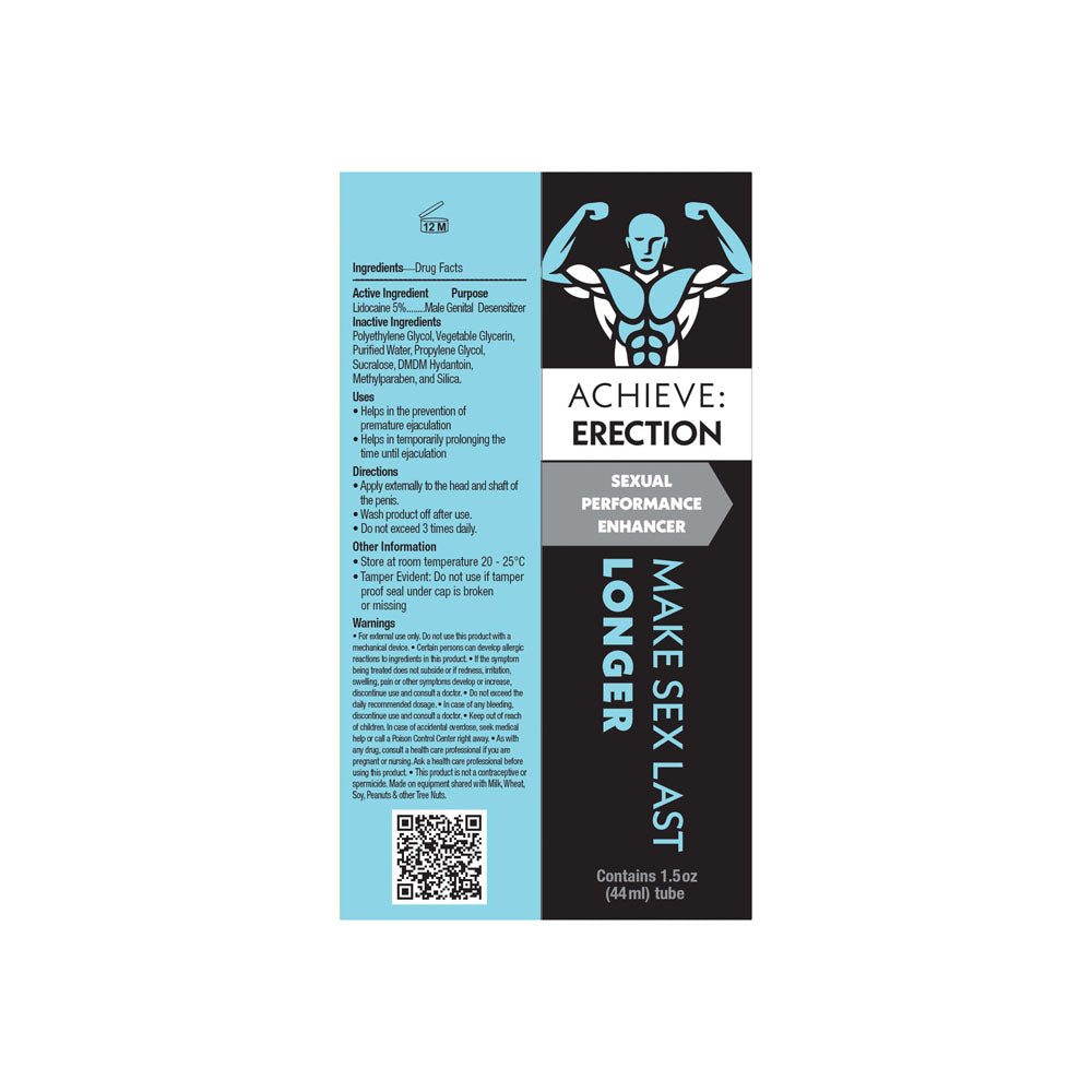 Achieve: Erection - Sexual Performance Enhancer for Men - 44 ml Tube packaging with usage instructions and benefits.
