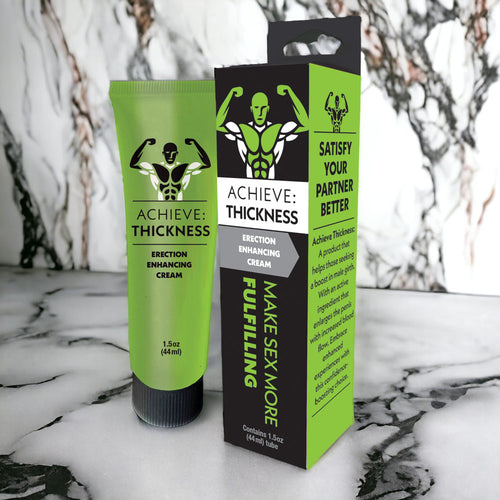 Achieve: Thickness - Erection Enhancing Cream for Men - 44 ml packaging and tube on a marble surface.