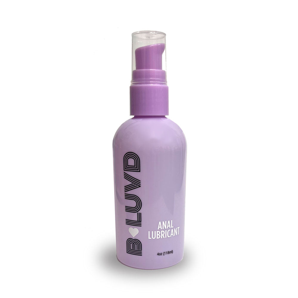 B-LUVD Anal Lubricant - Water Based Gel Anal Lubricant - 118 ml Bottle in a sleek purple bottle with pump.