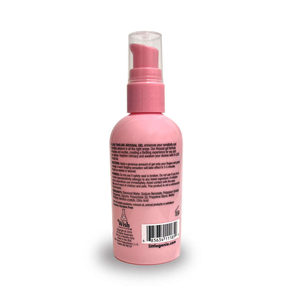 B-LUVD Tingling Arousal Gel - Water Based Unisex Arousal Gel Lubricant - 118 ml Bottle back view with ingredient list.