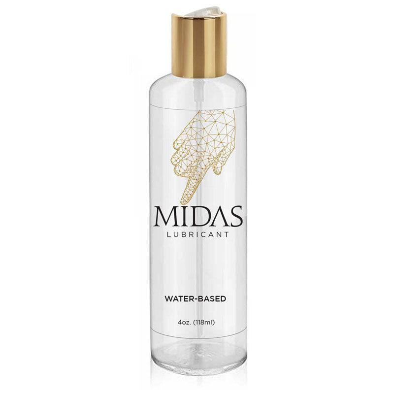 Midas Water Based Lube - Water Based Lubricant - 118 ml Bottle in a clear bottle with a gold cap and logo.