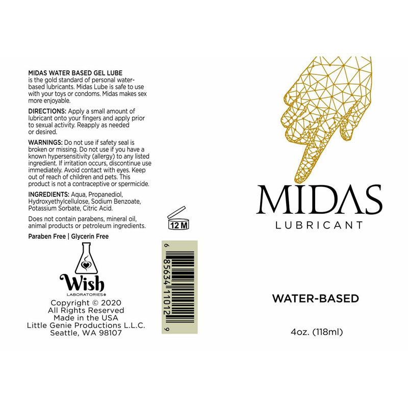 Midas Water Based Lube - Water Based Lubricant - 118 ml Bottle label with instructions and ingredients.