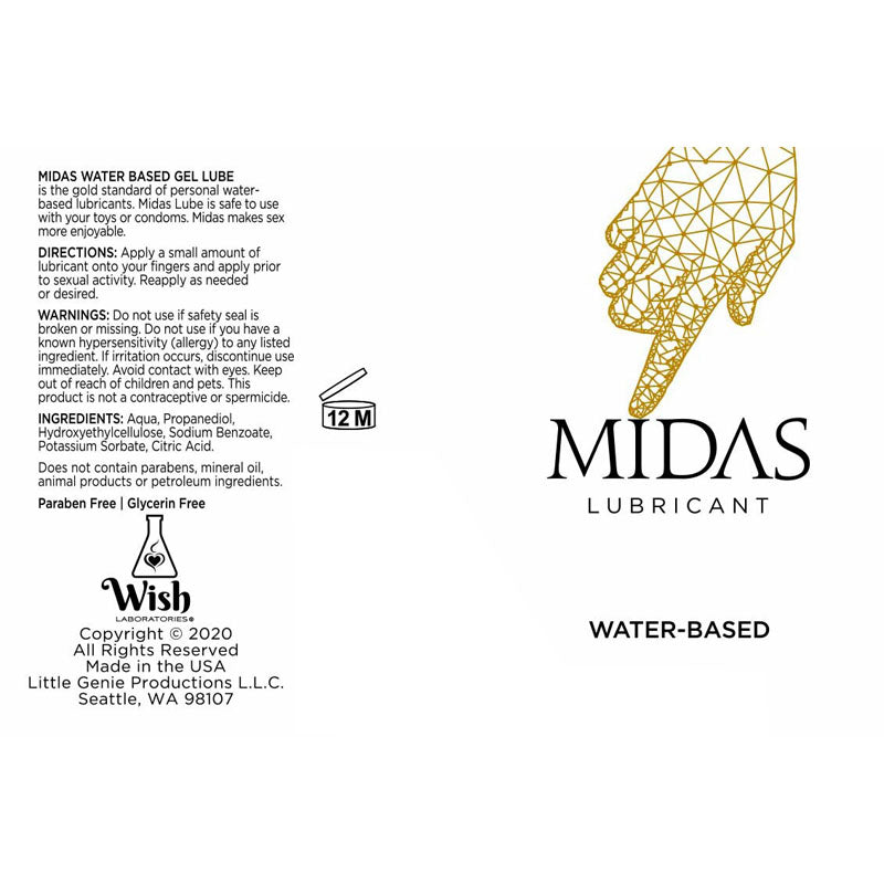 Midas Water Based Gel - Water Based Gel Lubricant - 118 ml Tube packaging showing directions and ingredients.