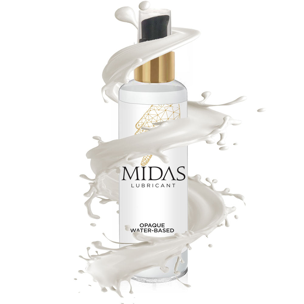 Midas Opaque Water Based Lubricant - 59 ml - Water Based Cum Lube - 59 ml in a sleek bottle with splash effect.