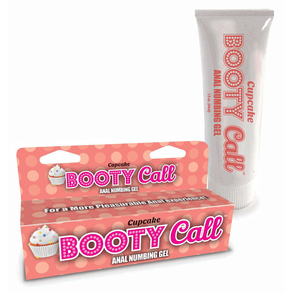 Booty Call Anal Numbing Gel - Cupcake Flavoured Anal Numbing Gel - 44 ml (1.5 oz) Tube packaging and tube on a white background.