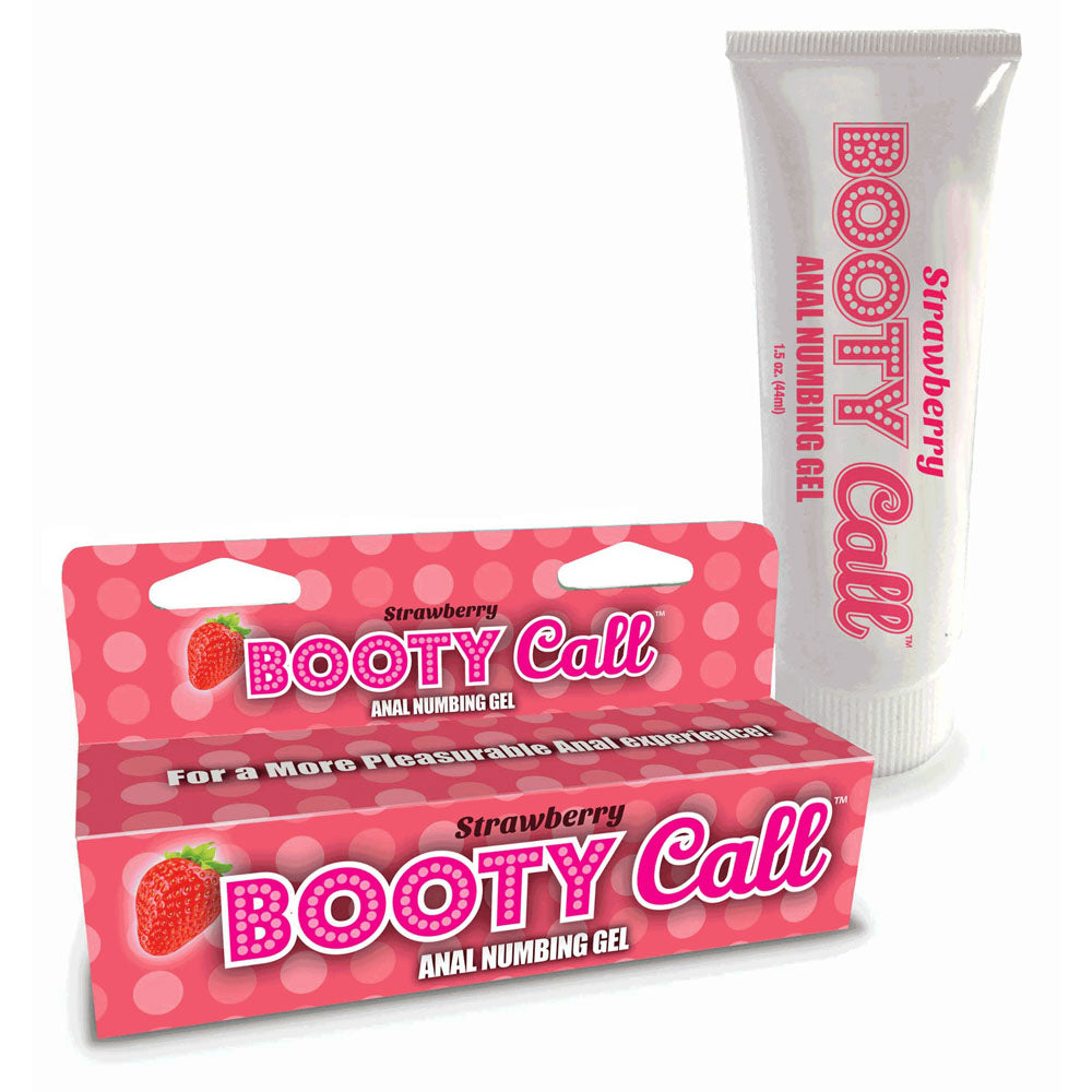 Booty Call Anal Numbing Gel - Strawberry Flavoured Anal Numbing Gel - 44 ml (1.5 oz) Tube packaging and product.