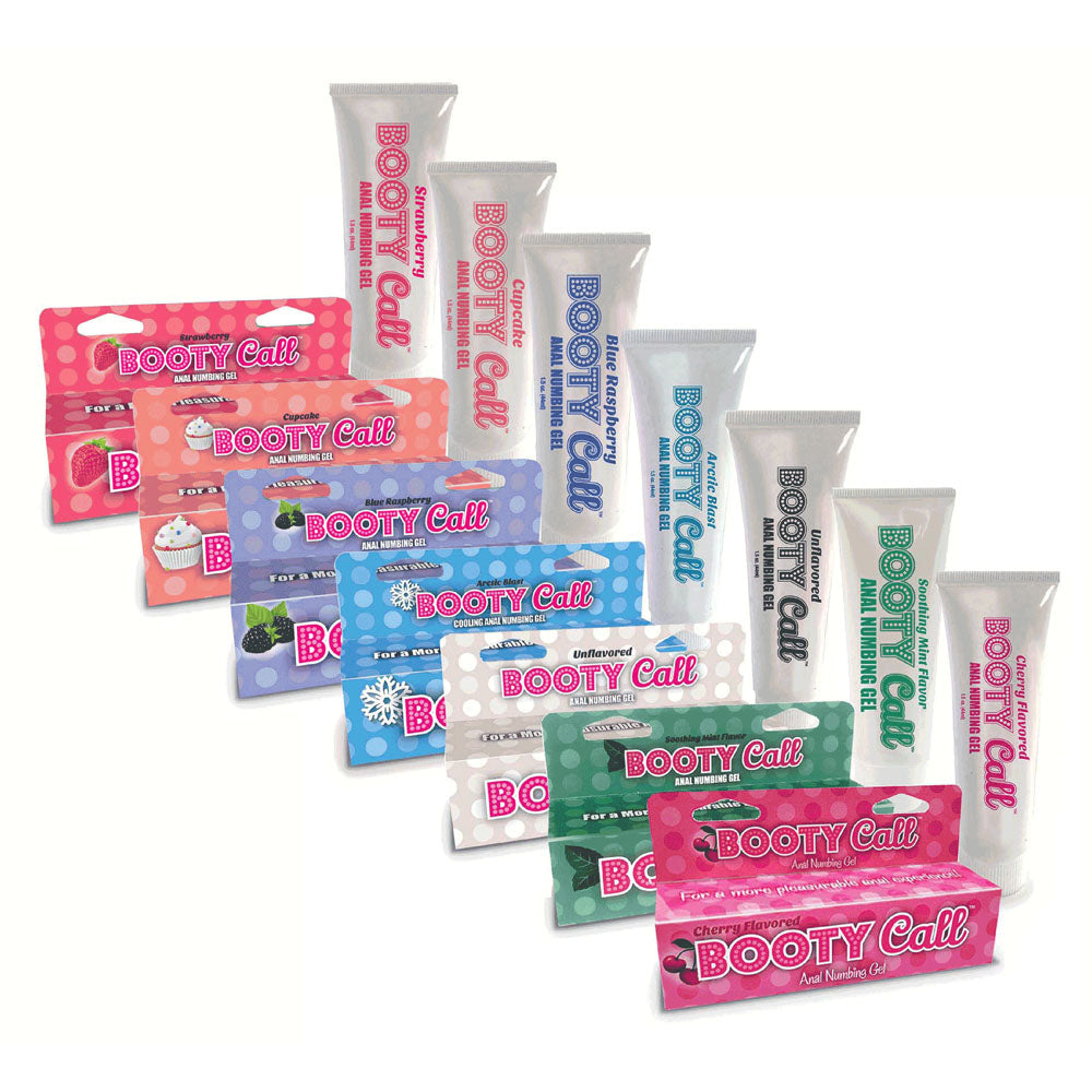 Booty Call Anal Numbing Gel - Strawberry Flavoured Anal Numbing Gel - 44 ml (1.5 oz) Tube collection display.