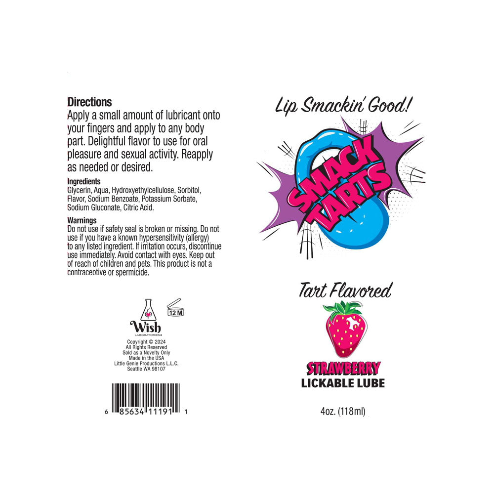 Smack Tarts - Sour Strawberry - Sour Strawberry Flavoured Lubricant - 120 ml Tube product label with ingredients and instructions.